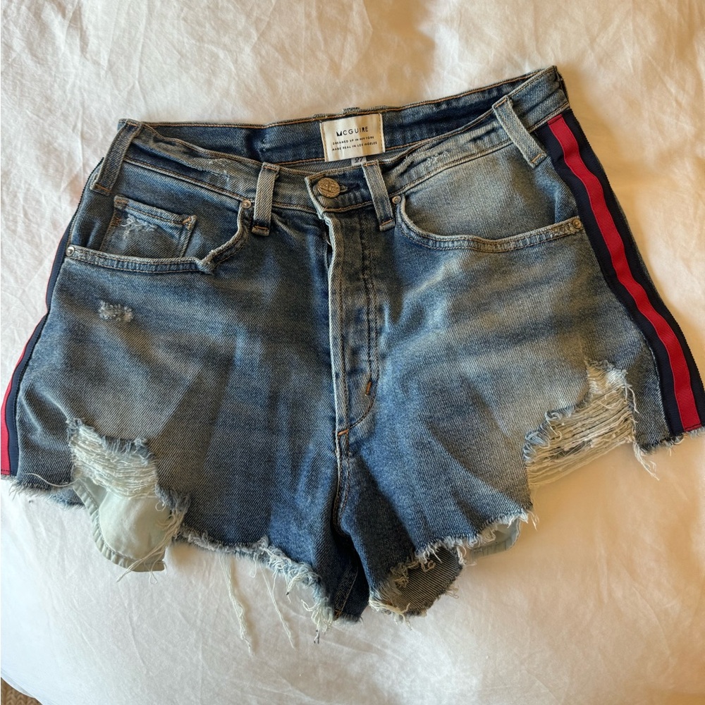 McGuire Jean shorts with red and blue stripe.